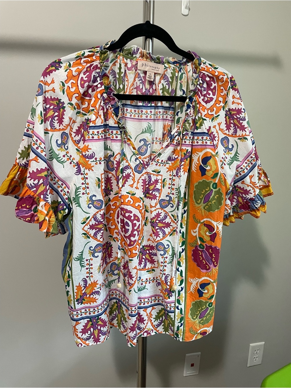 Philosophy Vibrant Paisley Ruffle-Sleeve Blouse in White, Orange, Purple